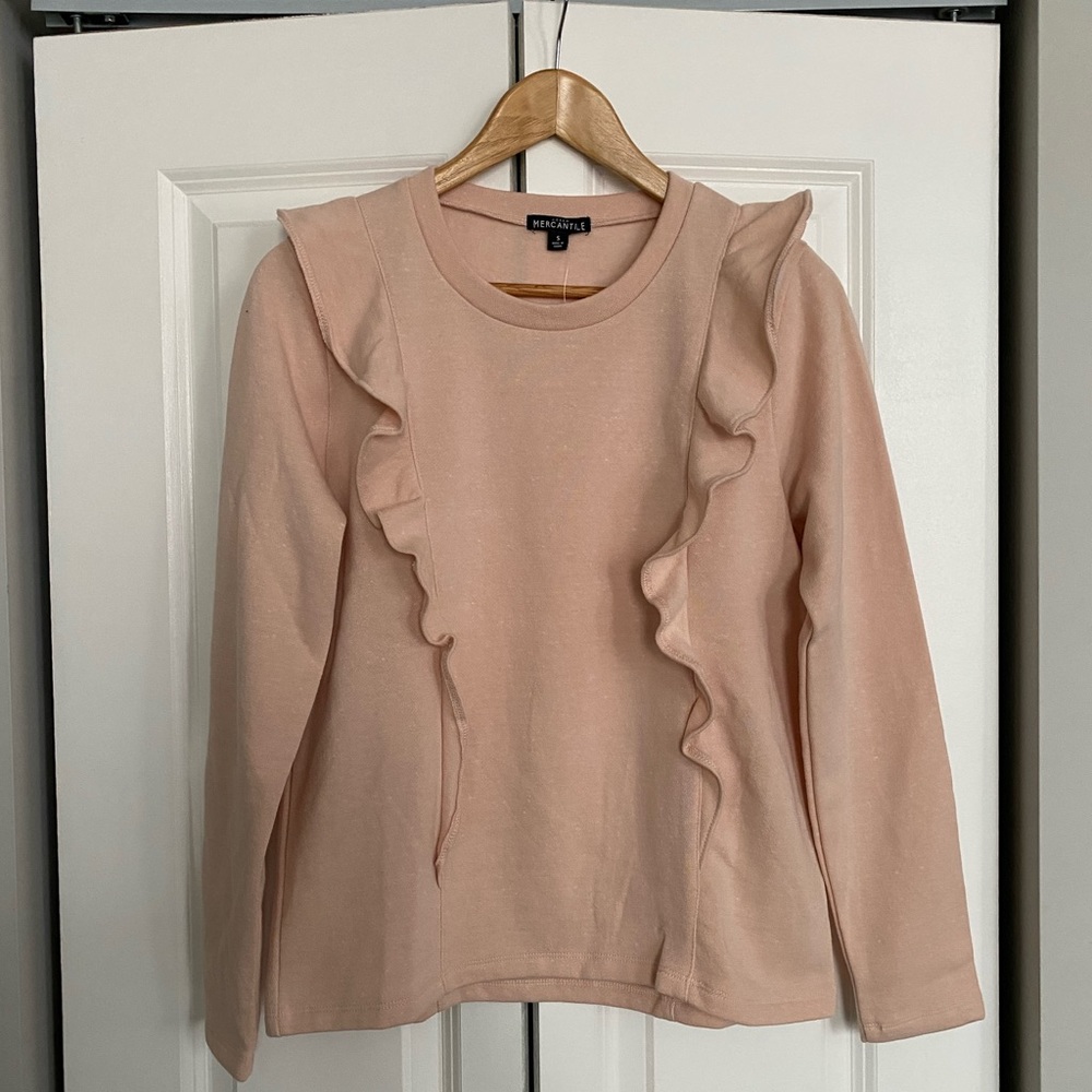 J. Crew Mercantile Ruffle Trim Pullover Sweatshirt in Blush Pink